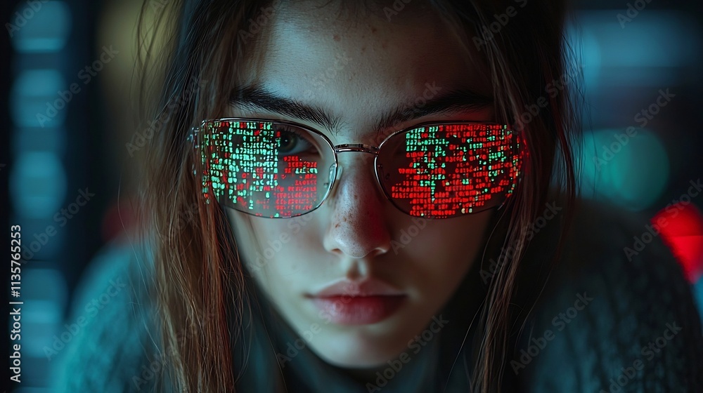 Poster hacker working in a dimly lit room with streams of green and red code reflecting off their face