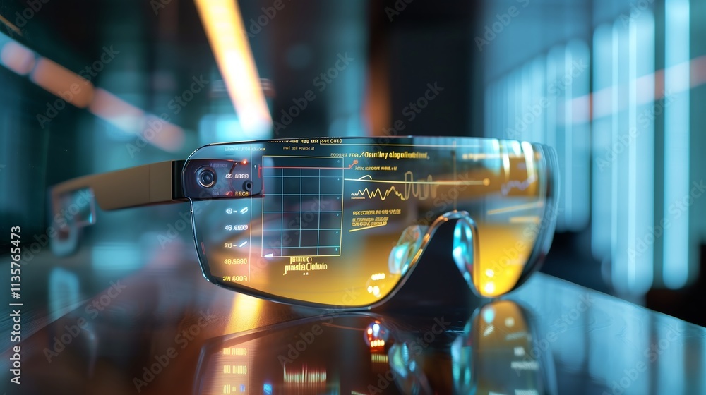 Poster immersive scene with augmented reality glasses projecting a dynamic software project timeline and a 