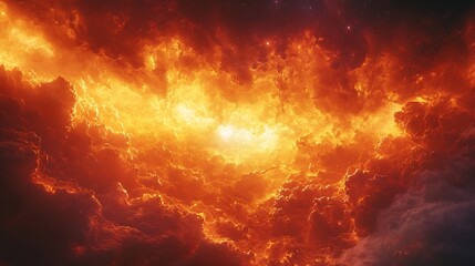 Fototapeta premium Fiery Cosmic Nebula Ablaze with Intense Reds Oranges and Yellows Symbolizing Energy and Transformation in Deep Space
