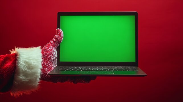 A close-up of Santa Clausâ€™s hand showcasing a glowing green screen laptop, ideal for festive copy, with a soft red gradient background 