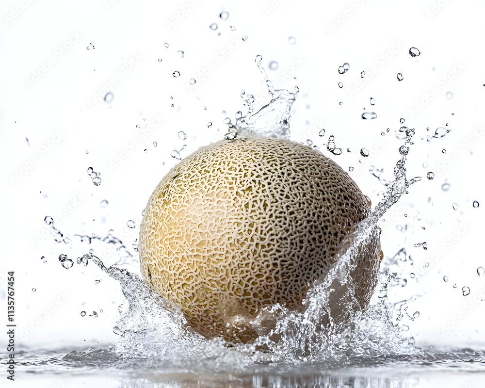 Poster melon splashes into clear water, creating dynamic droplets and ripples against a white background.