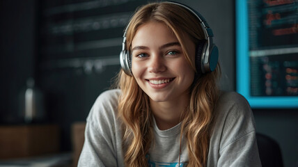 Portrait of a Girl in Headphones Using a Computer