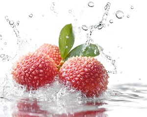 Lychee fruit splashing in water, droplets flying, vibrant colors, fresh and juicy, on a white isolate background.