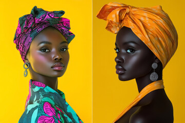 Obraz premium Two beautiful black women with bright headdresses on a yellow background.