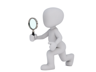 3D Figure with Magnifying Glass.  This image symbolizes scrutiny, analysis, or search, which can be used in various contexts such as research, investigation, or problem-solving.