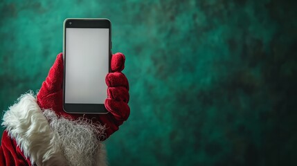 A detailed close-up of Santa's hand holding a tablet with a clean white screen, ready for text or designs, with a bold red background 