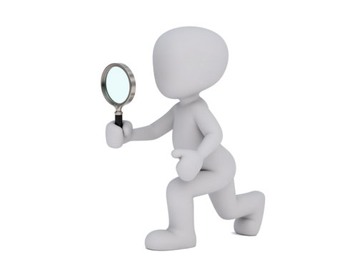 3D Figure with Magnifying Glass.  This image symbolizes scrutiny, analysis, or search, which can be used in various contexts such as research, investigation, or problem-solving.