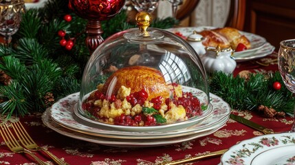 Fototapeta premium Festive Holiday Table Setting with Cloche and Seasonal Decorations