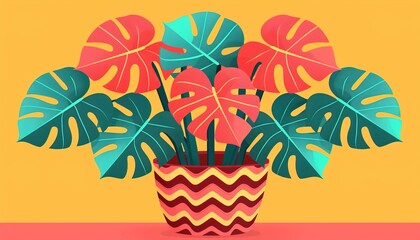 Fototapeta premium One continuous line drawing of monstera leaf in vase. Stylish boho house flower for design 