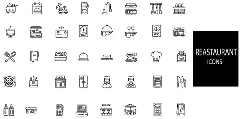 Reastaurant simple concept 40 icons set. Contains such Table, food, chef, cooking, delivery, drink, water, kitchen, glasses and cocktail .Vector illustration.