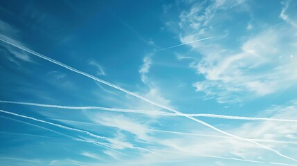 A bright blue sky with fluffy white clouds and contrails.