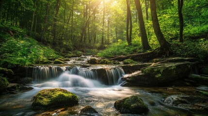 Fototapeta premium Sun shines on flowing river in green forest, moss covered rocks.