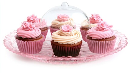 Beautiful Pink Cupcakes on Glass Tray with Elegant Decoration