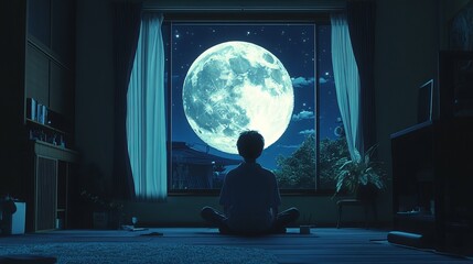 lofi boy, moonlit night, thinking deeply, calm atmosphere, reflective moment