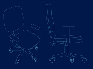 Contour Office chair isometric and side view. Vector minimal office chairs angle view isolated on blue background, vector illustration