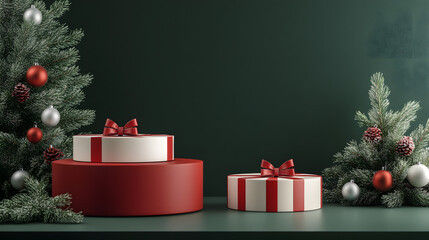 Photorealistic Christmas Product Mockup, Festive Pattern with Empty Podiums, Holiday Display Showcase.