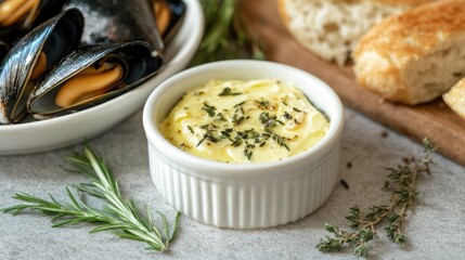Creamy Herb Butter with Fresh Mussels and Crusty Bread Display