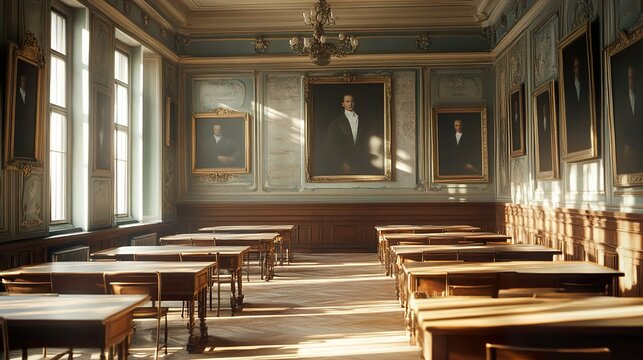 Grand Hall Portraits and Sunlight: Classic Interior Design