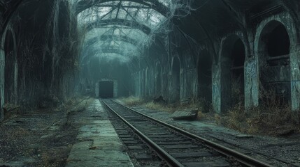 Fototapeta premium An abandoned train station covered in cobwebs, The forgotten train station, Eerie silence at the abandoned train station, Ghostly train station in decay