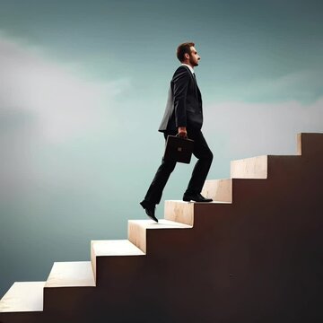 a businessman is walking step by step up the stairs to success
