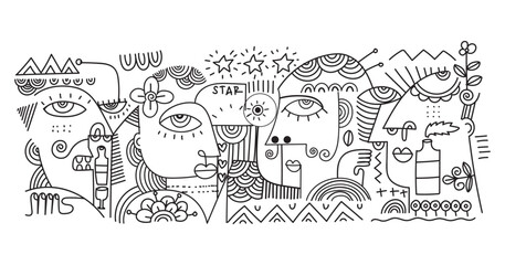 abstract hand drawing face portrait geometric decorative doodle outlines vector illustration. Line art black and white aesthetic design for wall art, prints, cards, decoration, banner and background.