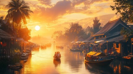 Fototapeta premium A Floating Market on a Calm River at Sunrise, A Forest Path with Sunlight Filtering Through the Leaves, A Group of Friends Stargazing in a Remote Desert, A Hidden Cave Illuminated by Bioluminescent Fu