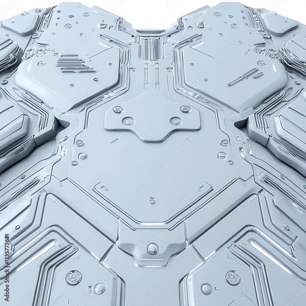 Poster a close-up view of a futuristic, metallic surface featuring intricate patterns and textures, resembl