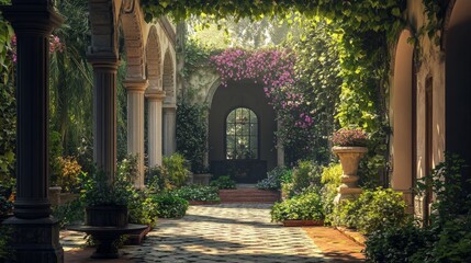 Obraz premium A hidden garden in the courtyard of a historic mansion, Secret lush garden surrounded by ancient architecture, Tranquil oasis tucked within a historic estate, Serene outdoor space within a grand mansi
