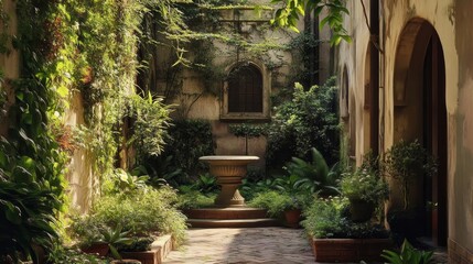 A hidden garden in the courtyard of a historic mansion, Secret lush garden surrounded by ancient architecture, Tranquil oasis tucked within a historic estate, Serene outdoor space within a grand mansi