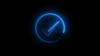 Glowing blue checkmark inside a circle on a black background. Glowing neon tick mark in neon rectangle.