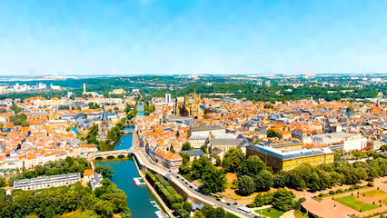 Metz, France. Watercolor illustration. View of the historical city center. Summer, Sunny day, Aerial View