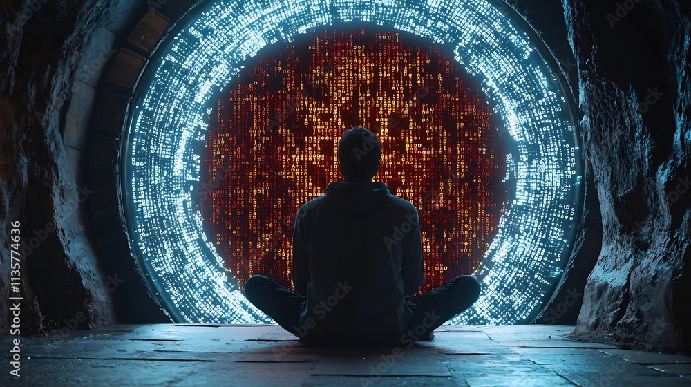 Poster hacker facing the challenge of breaching a massive vault door made of binary code