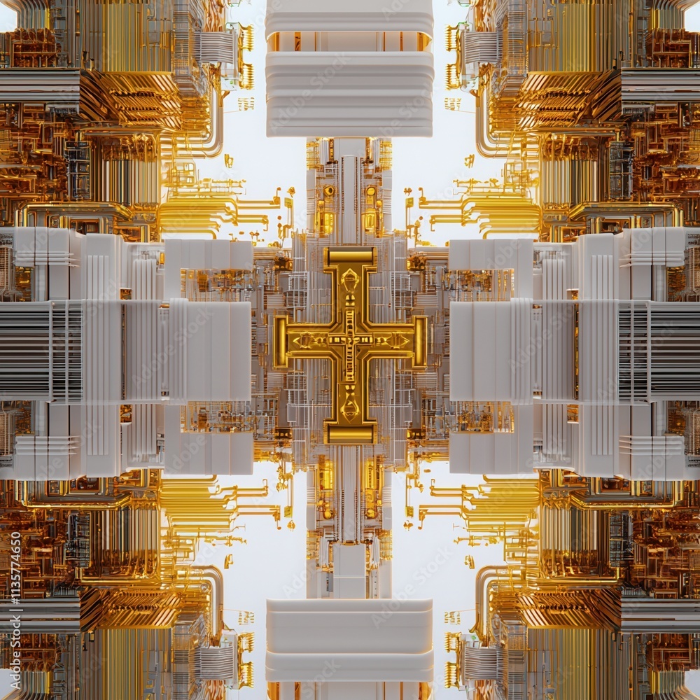 Poster a symmetrical, abstract design featuring intricate circuitry patterns in gold and white, reminiscent