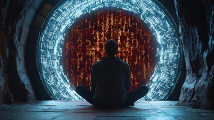 Hacker Facing the Challenge of Breaching a Massive Vault Door Made of Binary Code