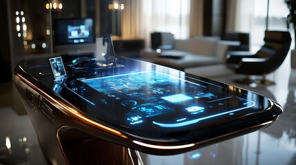 A futuristic table with a holographic interface displaying intricate data and designs.