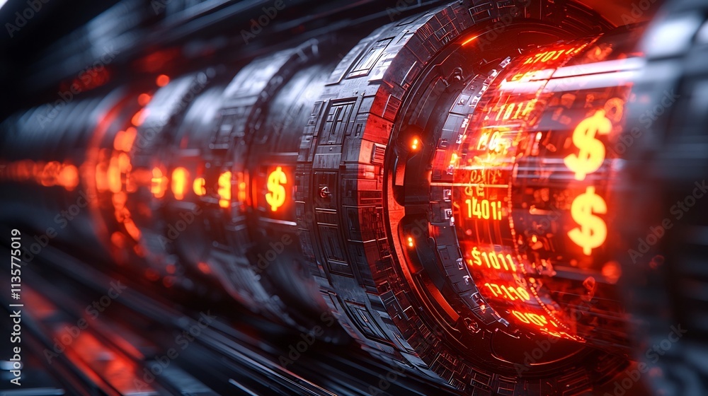 Poster hacker infiltrating digital bank vault with encrypted locks and glowing dollars