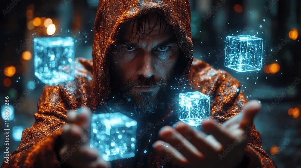 Poster skilled hacker unlocks secure holographic data cubes with precise hand movements symbolizing decrypt