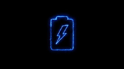 Neon glowing Battery Status Sign. charge battery sign with lightning. Battery charging - power sign. neon lightning particle icon, 3d rendering futuristic.