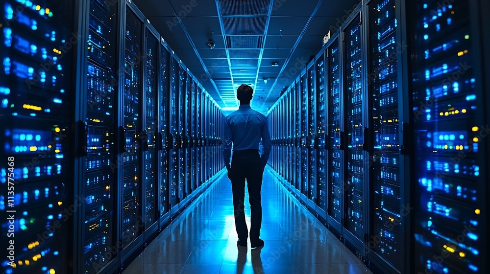 Poster hacker infiltrating secure government server with symbols of power and authority