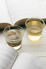 glass of hot tea and tea bag