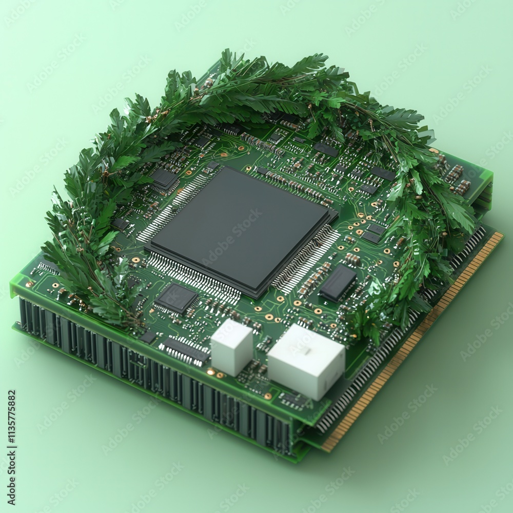 Poster a circuit board adorned with vibrant green foliage, blending technology and nature in a unique visua