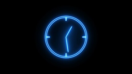 Stopwatch animated icon. Clock with moving arrows. Loop. Glowing neon clock icon animation on black background