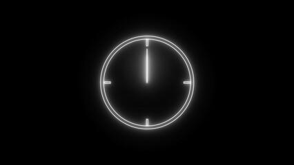 Stopwatch animated icon. Clock with moving arrows. Loop. Glowing neon clock icon animation on black background