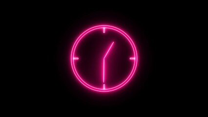 Stopwatch animated icon. Clock with moving arrows. Loop. Glowing neon clock icon animation on black background