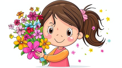 A cartoon illustration of a girl with long brown hair in a ponytail holding a bouquet of flowers.