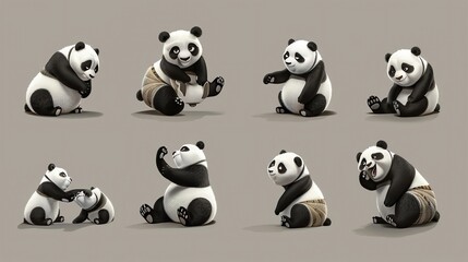 Fototapeta premium A set of illustrations of a cute cartoon panda in various poses.