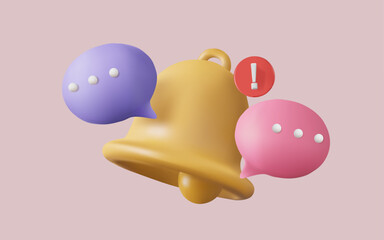 3d vector illustration of notification bell ringing with speech bubble. Social Media element, New message, New alert, Reminder notification. new notification concept. Cartoon minimal style. Eps 10
