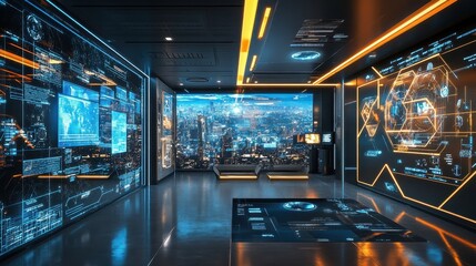 A room with a large screen and many monitors