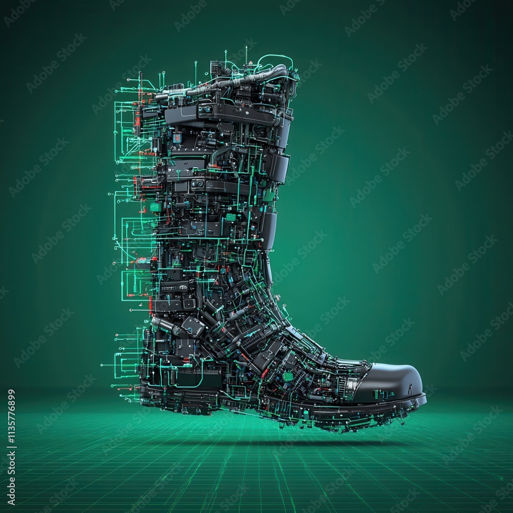 Aufkleber a futuristic boot design composed of circuit-like elements against a green background, blending tech
