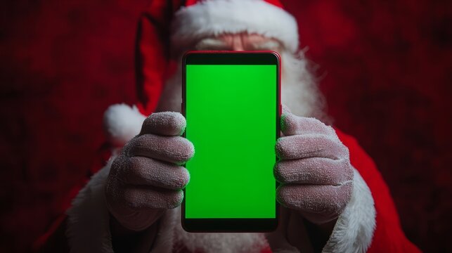 Santa Claus presenting a glowing green screen smartphone close-up, his gloves texture detailed, against a deep red festive backdrop 